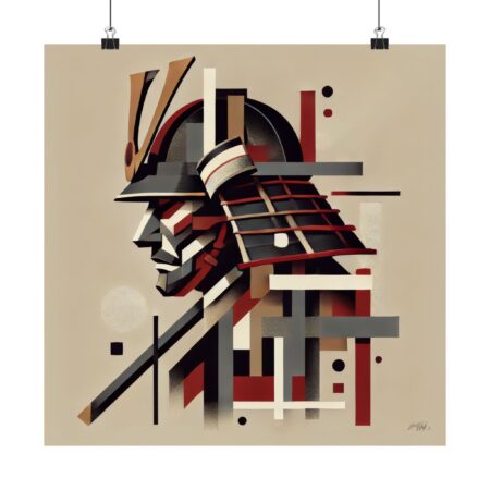Samurai Warrior Abstract Poster, Geometric Wall Art, Japan Minimalist Print, Bauhaus Cubism Decor, Matte Vertical Art Print, Warrior Poster