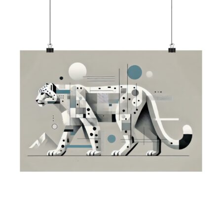 Snow Leopard Big Cat Abstract Minimalist Poster, Geometric Wall Art Print, Cubist Cat Bauhaus Art, Matte Horizontal Poster, Wildlife Home