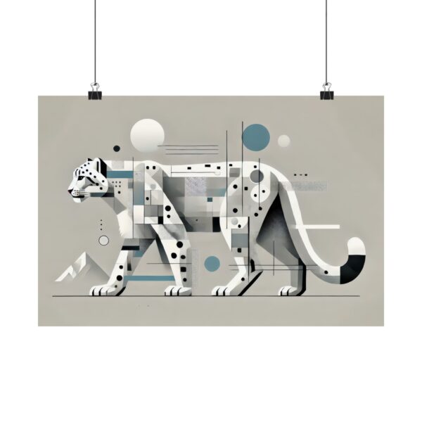 Snow Leopard Big Cat Abstract Minimalist Poster, Geometric Wall Art Print, Cubist Cat Bauhaus Art, Matte Horizontal Poster, Wildlife Home