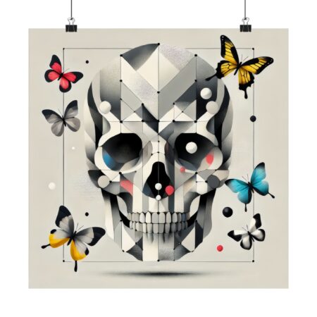 Vertical Poster, Skull with Butterflies Momento Mori Abstract Minimalist Wall Art, Geometric, Matte Poster, Gothic Home Decor, Halloween Art