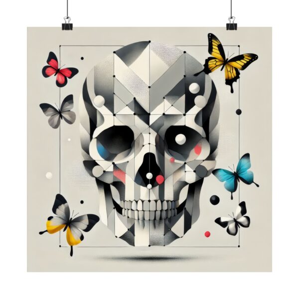 Vertical Poster, Skull with Butterflies Momento Mori Abstract Minimalist Wall Art, Geometric, Matte Poster, Gothic Home Decor, Halloween Art
