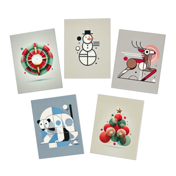 Holiday Geometric Greeting Cards — 5-Pack Festive Designs (Snowman, Reindeer, Tree, Wreath, Polar Bear)