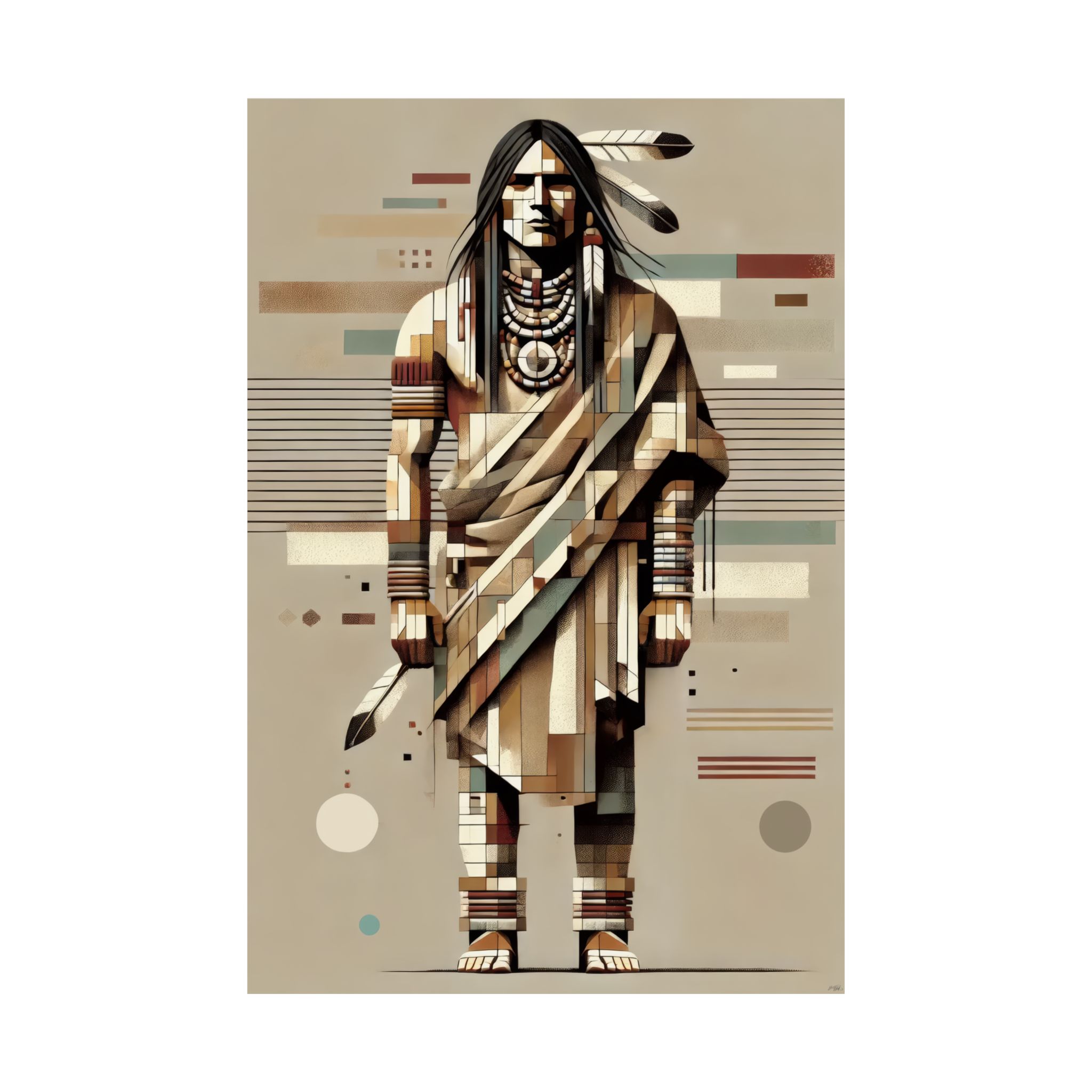 Indian Native American Brave warrior, Cubist Bauhaus - Image 4